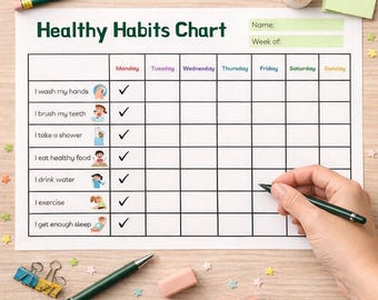Healthy Habits Chart for Kids | Weekly Routine Tracker | Printable Behavior Chart | Daily Self Care Checklist for Children
