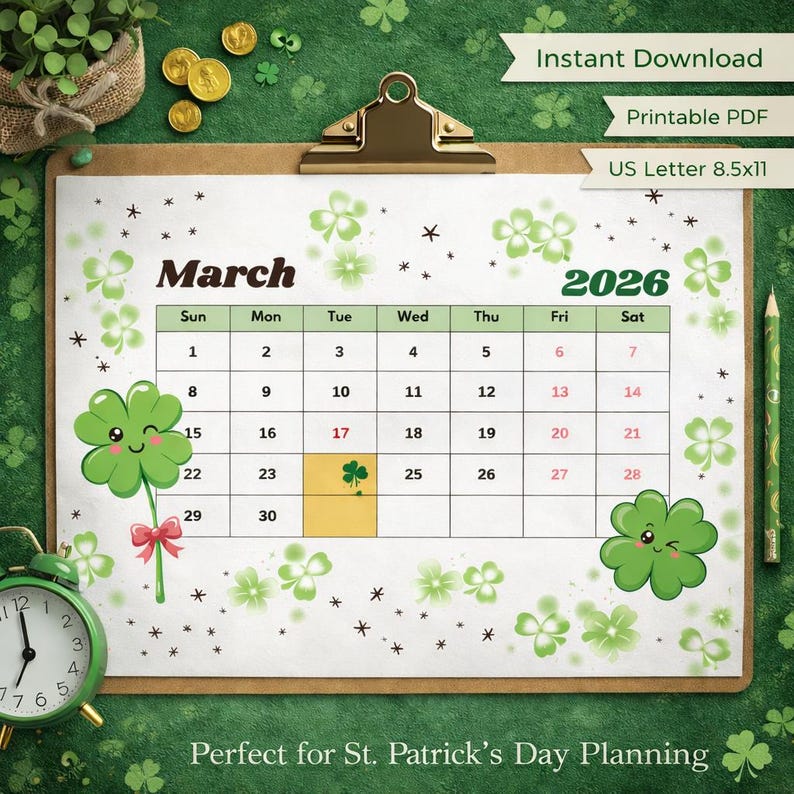 March 2026 Calendar Printable, St Patrick's Day Shamrock Theme, US ...