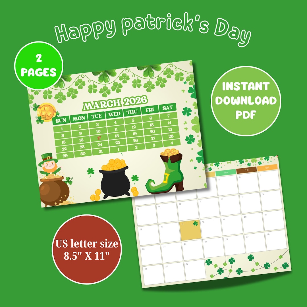 March 2026 Calendar Printable, St Patrick's Day Shamrock Theme, US ...