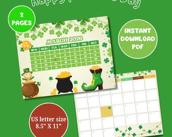 March 2026 Calendar Printable, St Patrick's Day Shamrock Theme, US Letter Landscape Monthly Planner School, Work, Office & Home Organizer