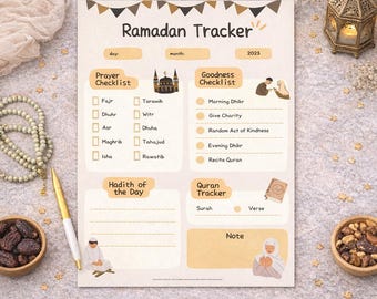 Daily Ramadan Beige Tracker Printable PDF | Islamic Prayer Checklist, Quran Study Log, Gratitude And Wellness Tracker