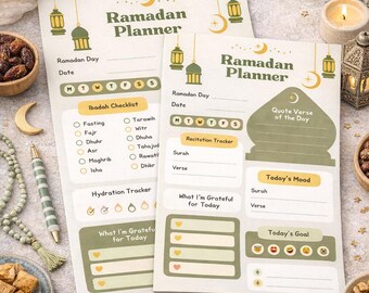 Ramadan Daily Planner Printable PDF | Islamic Worship Checklist, Quran Recitation Log, Gratitude And Habit Tracker