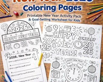 New Year 2026 Coloring Pages – Printable Happy New Year Activity Pack for Kids and Adults, New Year Goals Worksheet