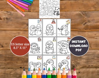 Penguin Coloring Page for Kids Printable – Cute Penguin 9-Box Coloring Sheet for Ages 4–12