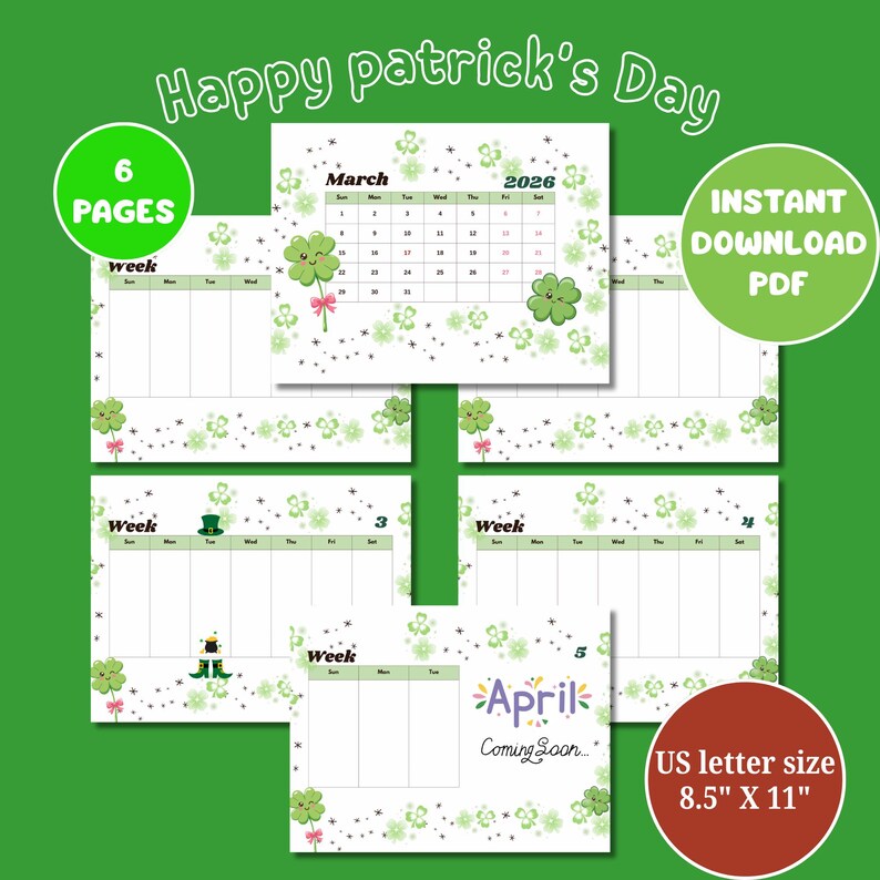 March 2026 Calendar Printable, St Patrick's Day Shamrock Theme, US ...