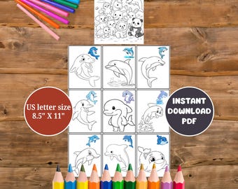 Dolphin Coloring Page for Kids Printable – Cute Dolphin 9-Box Coloring Sheet for Ages 4–12