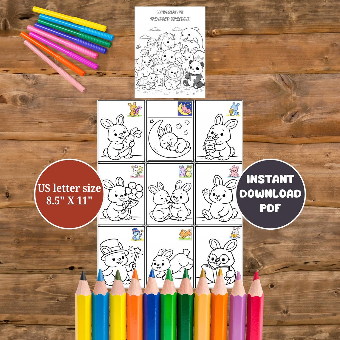 Rabbit Coloring Page for Kids Printable – Cute Bunny Coloring Pages, 9 ...
