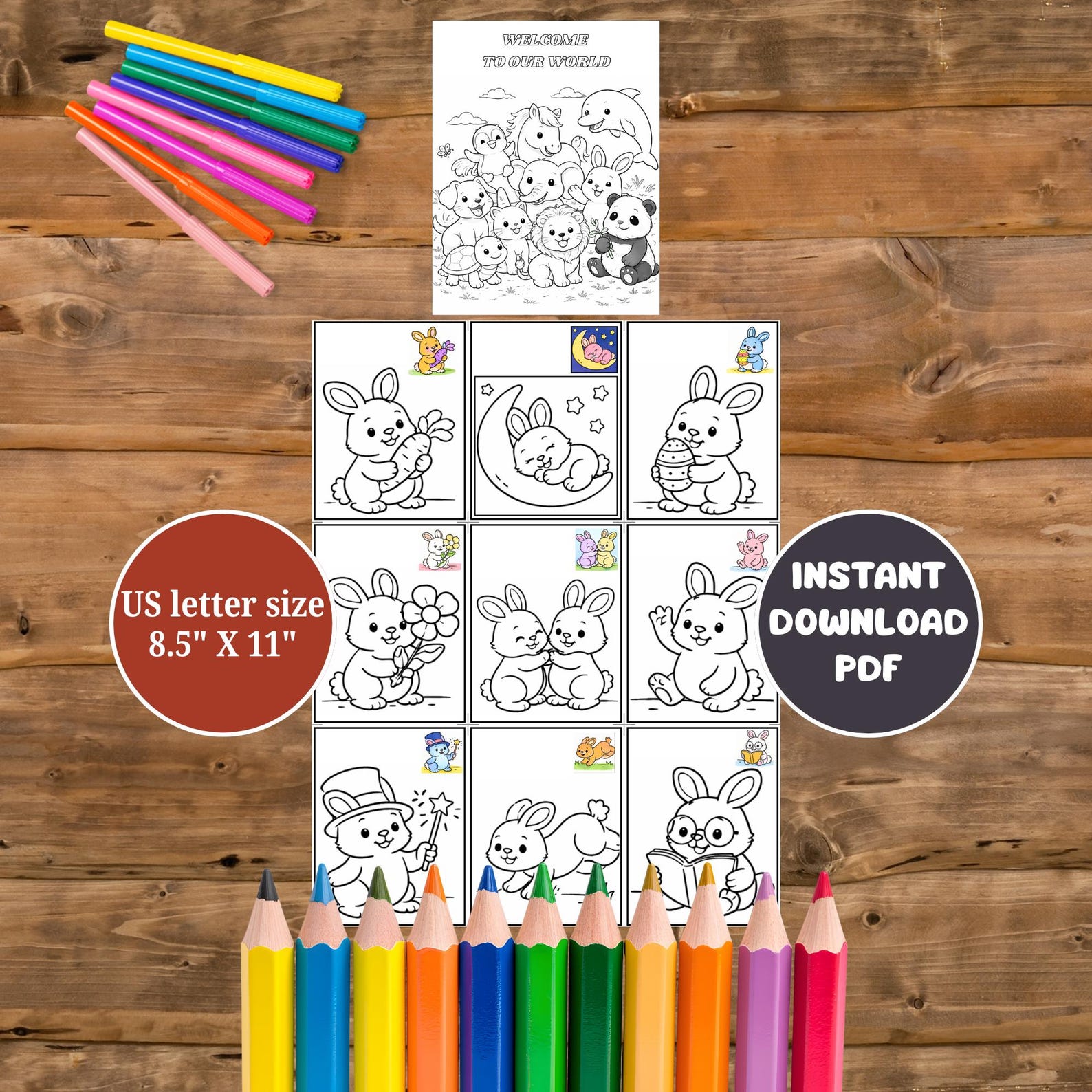 Rabbit Coloring Page for Kids Printable – Cute Bunny Coloring Pages, 9 ...