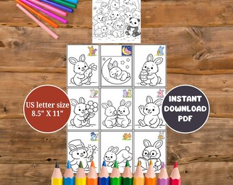 Rabbit Coloring Page for Kids Printable – Cute Bunny Coloring Pages, 9-Box Fun Sheet for Ages 4–12