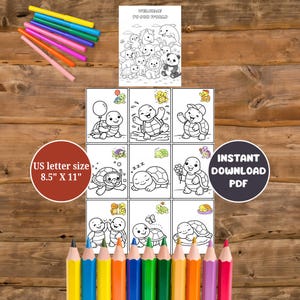 Peut inclure: Ensemble de pages à colorier imprimables avec des tortues et d'autres animaux. Les pages sont au format US letter, 21,6 cm x 27,9 cm, et comprennent le texte "WELCOME TO OUR WORLD". Des crayons de couleur et des marqueurs sont disposés autour des pages.