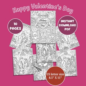 Peut inclure: Plusieurs pages à colorier en noir et blanc pour la Saint-Valentin. Les illustrations présentent des scènes romantiques, notamment des couples et des cœurs, avec le texte "Happy Valentine's Day!". Les pages sont au format US letter, 21,6 x 27,9 cm, et disponibles en téléchargement PDF instantané.