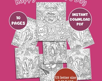 Valentine Coloring Pages Printable PDF for Couples and Adults, Romantic Love Scenes, Detailed Line Art, Stress Relief Romance Activity
