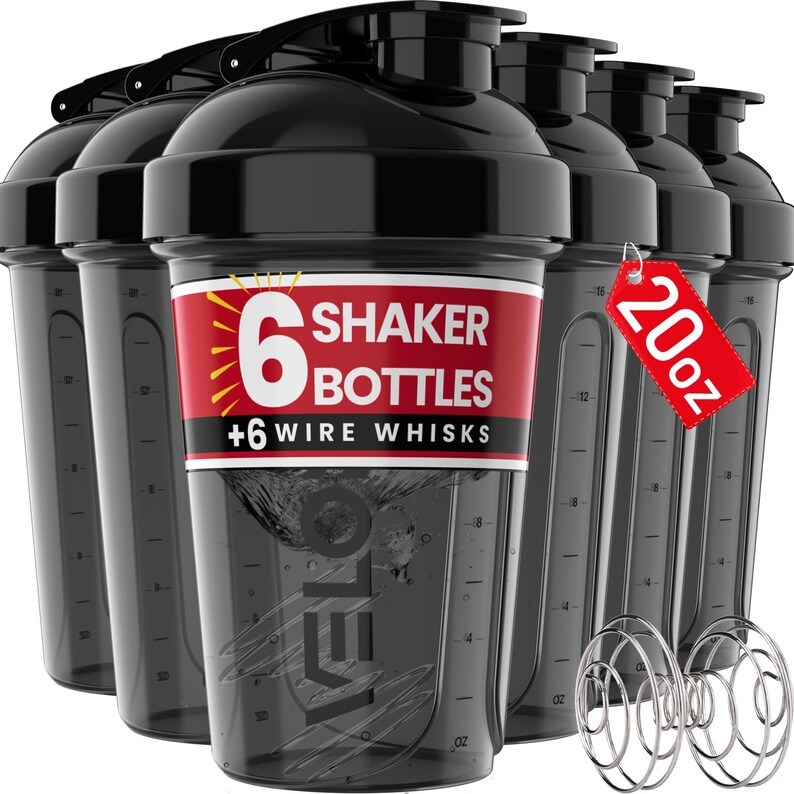 VELOMIX -6 PACK- 20 OZ Protein Shaker Bottles for Protein Mixes Shaker ...
