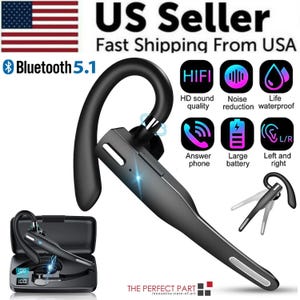 Peut inclure: Casque Bluetooth 5.1 noir avec un design incurvé, offrant une qualité sonore HD, une réduction du bruit et une étanchéité. Comprend un étui de chargement avec un affichage numérique. Le texte "US Seller" et "Fast Shipping From USA" sont visibles.
