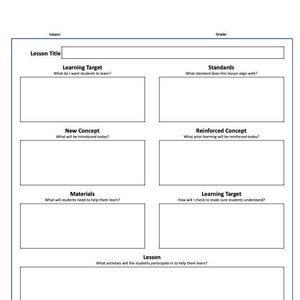May include: A black and white printable lesson plan template with the headings: Lesson Title, Learning Target, Standards, New Concept, Reinforced Concept, Materials, Learning Target, and Lesson. Each heading has a question underneath it.
