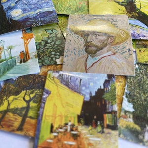 May include: A collection of colorful, framed paintings featuring various scenes, including a starry night, a self-portrait of an artist, and a landscape with trees. The paintings are arranged in a random pattern, creating a visually appealing collage.