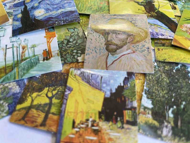May include: A collection of colorful, framed paintings featuring various scenes, including a starry night, a self-portrait of an artist, and a landscape with trees. The paintings are arranged in a random pattern, creating a visually appealing collage.
