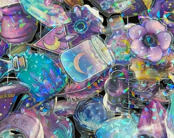 Sets of LARGE purple pastel moon star stickers / celestial / lilac / sky and cloud stickers / planner stickers / witch stickers