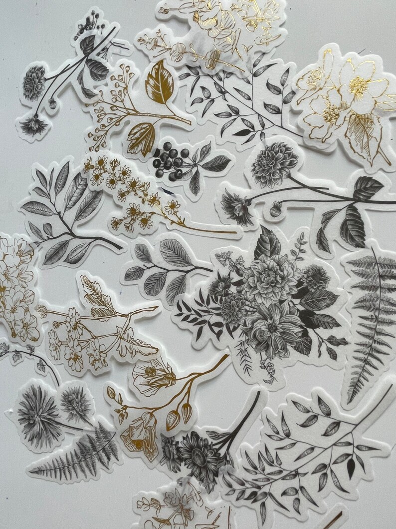10 Black and White Gold Flower Sticker Pack | Paper Stickers, Gold ...