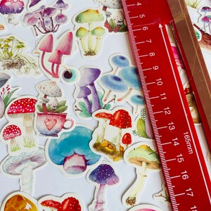 May include: A sheet of colorful mushroom stickers with watercolor designs. The stickers are various sizes and feature different types of mushrooms, including red and white toadstools, blue mushrooms, and purple mushrooms.