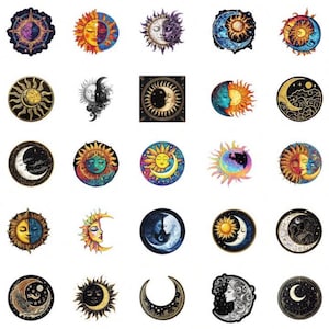 May include: A collection of celestial-themed stickers featuring suns, moons, and stars in various artistic styles. The designs incorporate a range of colors, including gold, blue, purple, and orange, with intricate details and patterns. The stickers are round and have a vintage or bohemian aesthetic.