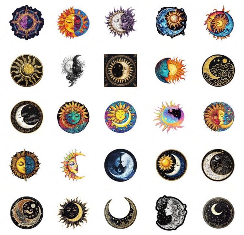 May include: A collection of celestial-themed stickers featuring suns, moons, and stars in various artistic styles. The designs incorporate a range of colors, including gold, blue, purple, and orange, with intricate details and patterns. The stickers are round and have a vintage or bohemian aesthetic.