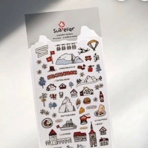 Suatelier A walk in Swiss, Switzerland stickers,  holiday themed stickers, sticker sheet, suatelier travel stickers, Swiss holiday, ski