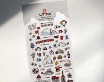 Suatelier Una passeggiata in Svizzera, adesivi Svizzera, adesivi a tema vacanza, foglio di adesivi, adesivi da viaggio Suatelier, vacanza in Svizzera, sci