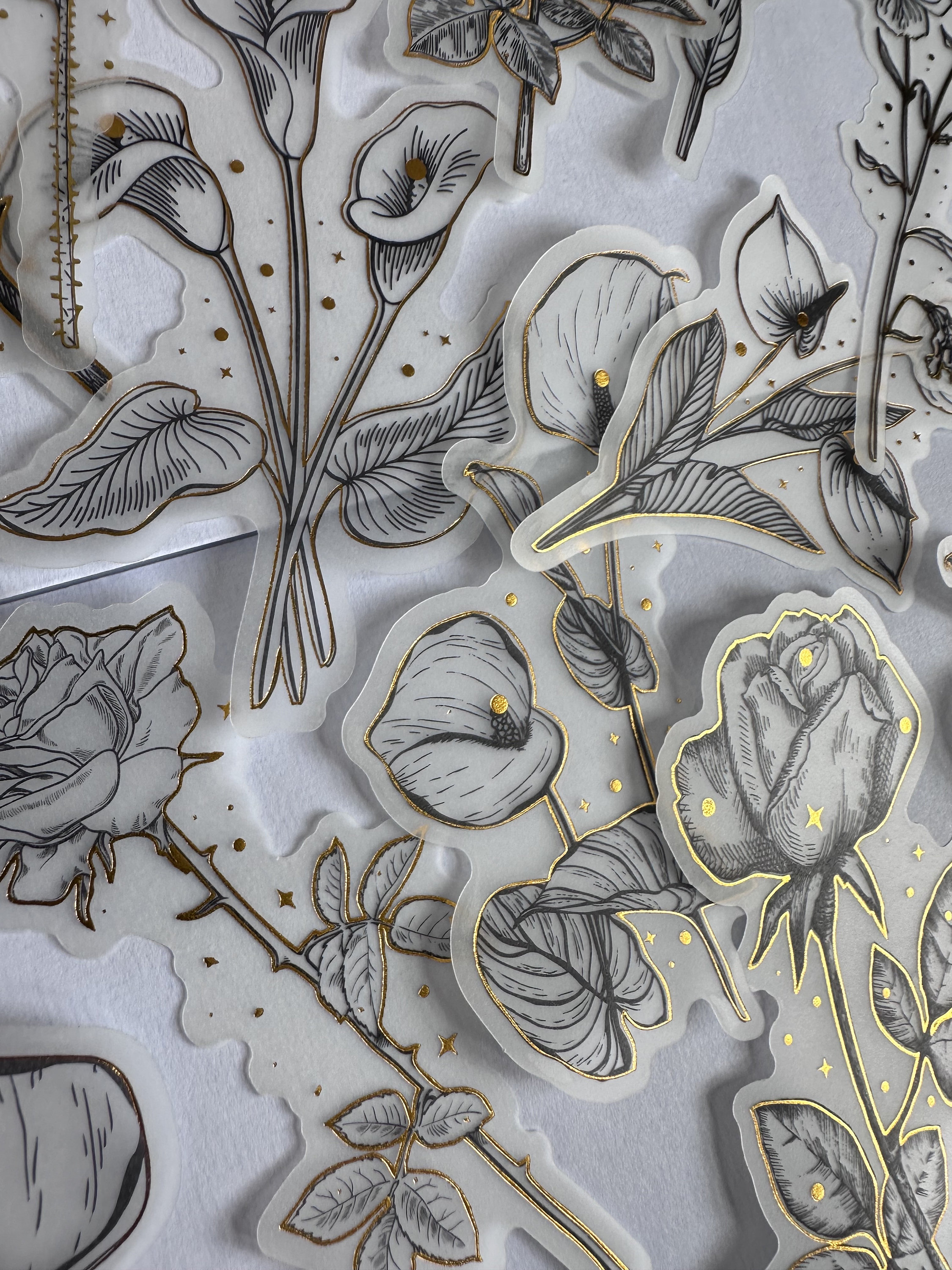 10 Black and White Gold Flower Sticker Pack | Paper Stickers, Gold ...