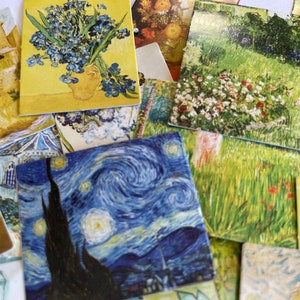 May include: A collection of vintage art prints featuring famous paintings. The prints are on a white background and include a blue and yellow landscape, a starry night sky, and a still life with flowers.