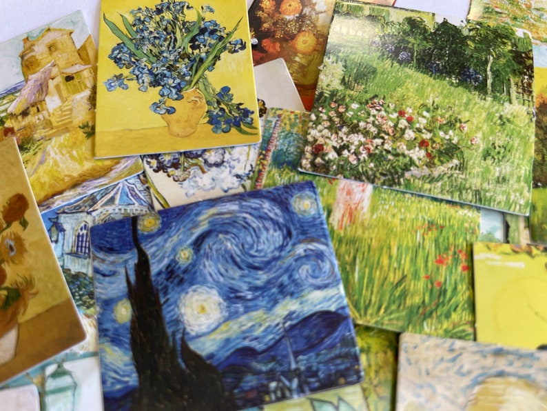 May include: A collection of vintage art prints featuring famous paintings. The prints are on a white background and include a blue and yellow landscape, a starry night sky, and a still life with flowers.