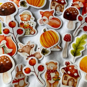 10 herfst bosdierenstickers. Bosplannerstickers. Beer, pompoen hert egel paddestoel blad. Dagboekstickers