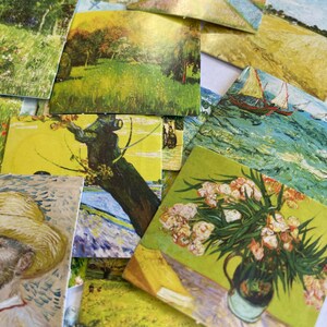 May include: A collection of vintage postcards featuring various paintings, including a landscape with a windmill, a field of flowers, a seascape with sailboats, and a still life with a vase of flowers.