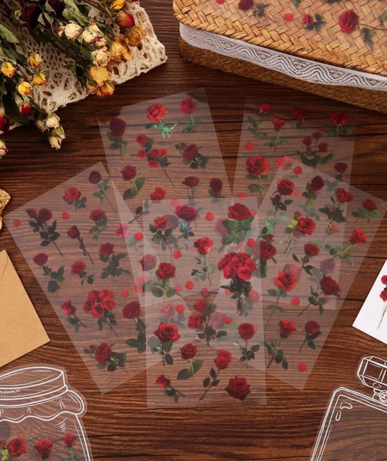 Red Roses Aesthetic Stickers Red Rose Flower Sticker Sheet, Rose Stickers, Wild Flower Bouquet ...