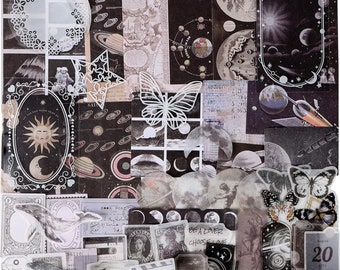 100 Stück Dark Planet Vintage Scrapbook Aufkleber Papier Pack Planeten Monde Schmetterling Scrapbooking Decor für Scrapbook Dekorationen Notebook Jou