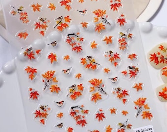 Autumn Woodland Maple Leaf Bird Nail Stickers (Sheet)