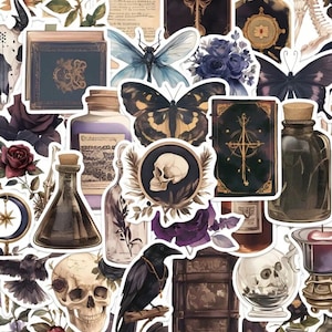 May include: A set of vintage-style stickers featuring a variety of dark and whimsical designs, including skulls, butterflies, flowers, bottles, and books. The stickers are perfect for adding a touch of gothic charm to journals, laptops, or other surfaces.