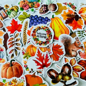 Paquete de pegatinas de otoño, calabazas y animales del bosque. Pegatinas de otoño, bosque otoñal, hojas, calabazas, hojas doradas, bellotas