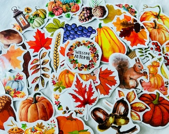 May include: A collection of autumn-themed stickers featuring pumpkins, leaves, acorns, squirrels, and a welcome autumn sign. The stickers are colorful and feature a variety of fall designs.