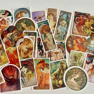 10 Mucha Art Nouveau winylowe naklejki, sztuka kobieca,, Scrapbook, Journaling, Diary Sticker, Bullet Journal Stickers, secesja