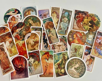 10 Mucha Art nouveau vinyl Stickers, female art,, Scrapbook, Journaling, Diary Sticker, bullet Journal Stickers, art nouveau