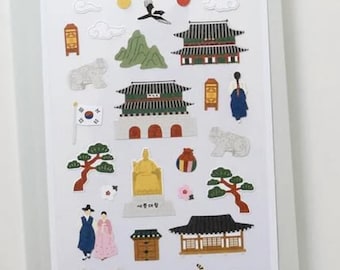 Suatelier Korea, naklejki do zobaczenia w Seulu, arkusz naklejek podróżnych, Noc Azji, koreańskie prezenty, naklejka podróżna, koreańskie naklejki, podróże po Azji