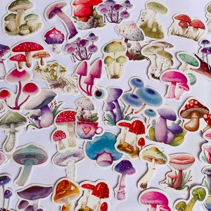 May include: A collection of colorful mushroom stickers with various designs and styles. The stickers feature different colors, shapes, and sizes of mushrooms, including red, purple, blue, and green.