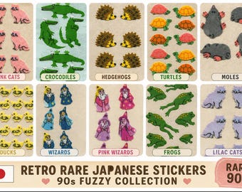 Rare Vintage 90s Japanese Fuzzy Stickers | Retro Kawaii Animal & Wizard Stickers | Collectible Craft Supplies | Pick Your Design