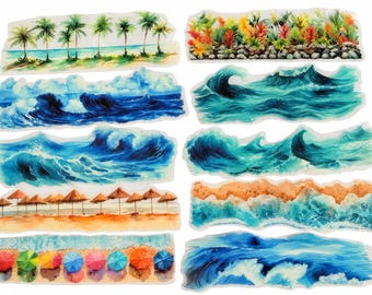 10 Aesthetic Sea, Ocean, wave themed stickers, bullet journal stickers, diary craft stickers