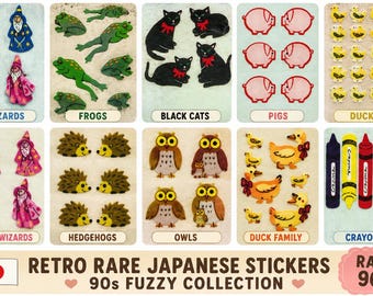 Rare Vintage 90s Japanese Fuzzy Stickers | Retro Kawaii Animal & Wizard Stickers | Collectible Craft Supplies | Pick Your Design