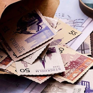 Adesivi vintage di città europee, adesivi per planner di monumenti storici retrò, adesivi per timbri di diario di viaggio vintage, articoli per scrapbooking