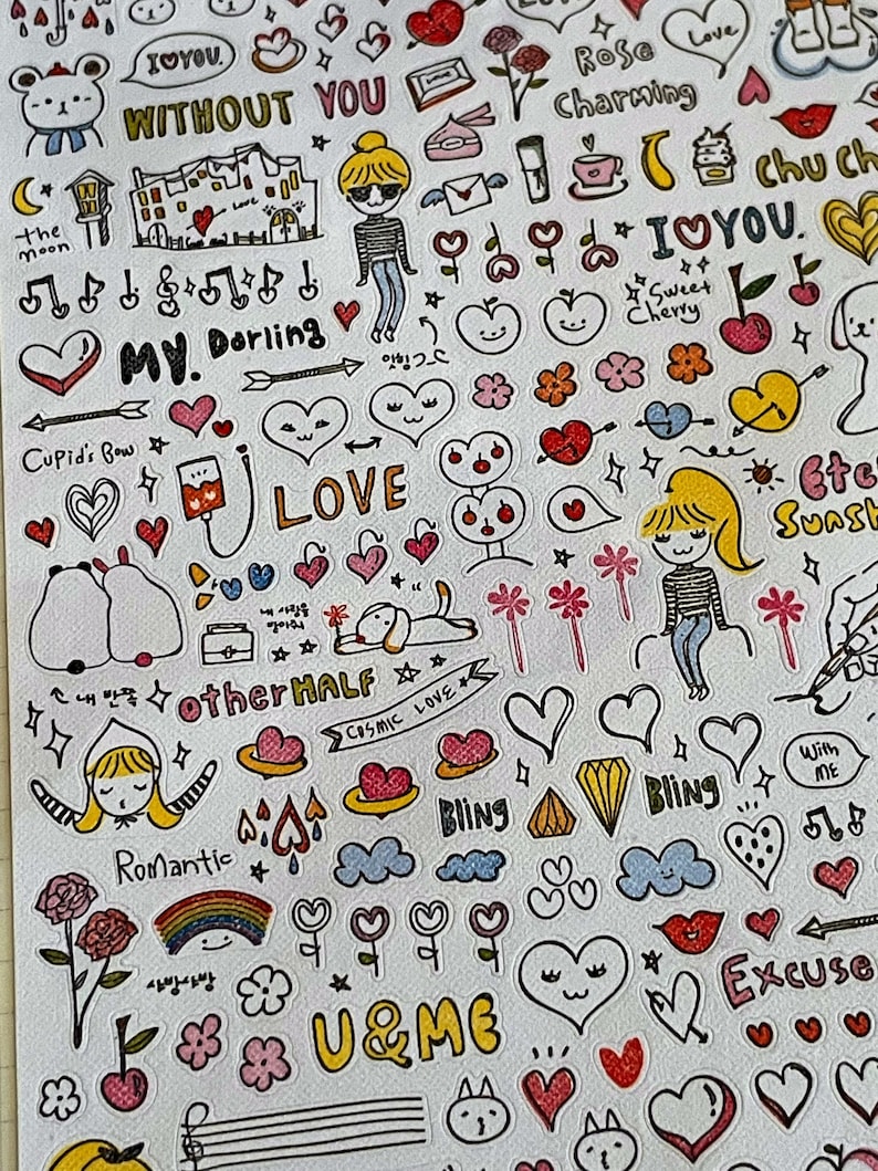 Sonia J drawing love stickers , suatelier, tiny stickers, doodle stickers, journal, planner, scrapbook, phone case stickers, mail stickers, image 7