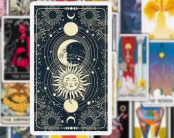 May include: A tarot card with a dark blue background and gold accents. The card features a crescent moon and sun with a face, surrounded by stars and smaller moons. The card is part of a larger collection of tarot cards.