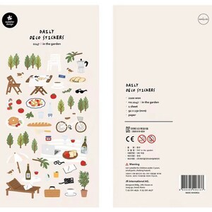 May include: A sheet of colorful stickers featuring illustrations of a picnic in the garden. The stickers include images of food, drinks, a bicycle, a laptop, a book, glasses, and more. The sticker sheet is labeled "Daily Deco Stickers" and "no. 1147: in the garden".
